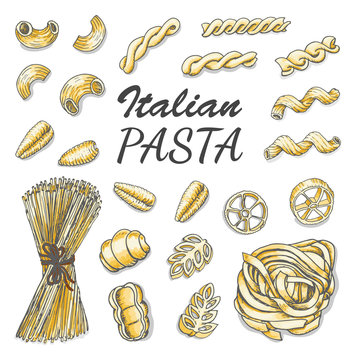 Set of colored italian pasta on white background