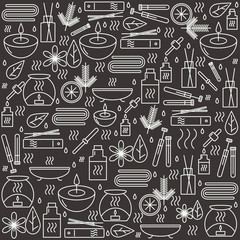 Aromatherapy. Background with icons for aromatherapy and relaxation. Pattern for design. Vector illustration.