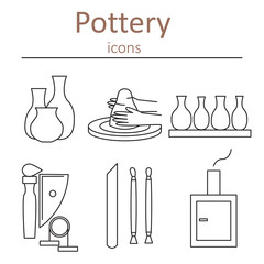 Pottery icons. Tools and pottery. The ancient craft. Vector illustration