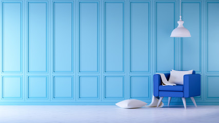 minimalist room design ,blue pastel color style ,sofa and lamp ,3d illustration ,concept design ,copy space 