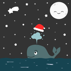 cute cartoon whale with christmas red hat in the starry night vector illustration
