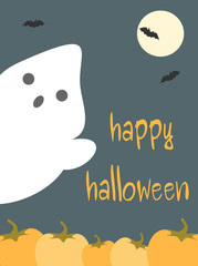 cute cartoon happy halloween vector card with ghost and pumpkins

