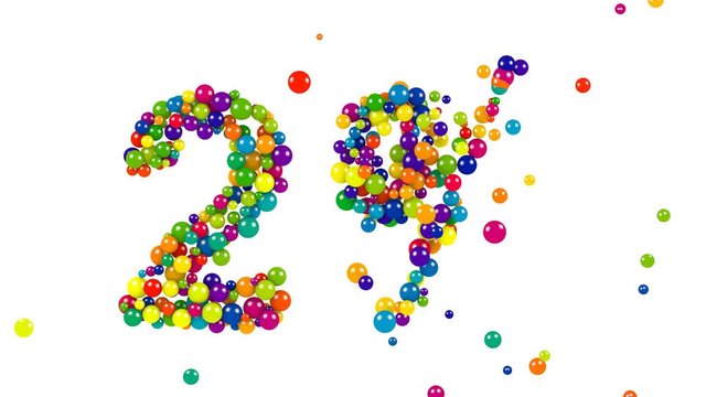 Dynamic red, orange, green, purple and blue colored marbles or balloon like circles forming 2 percent over white background