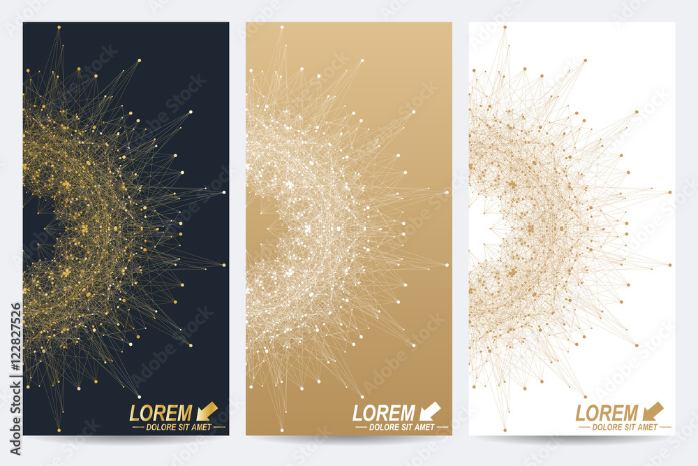 Poster Modern set of vector flyers. Geometric abstract presentation with golden mandala. Molecule and communication background for medicine, science, technology, chemistry.