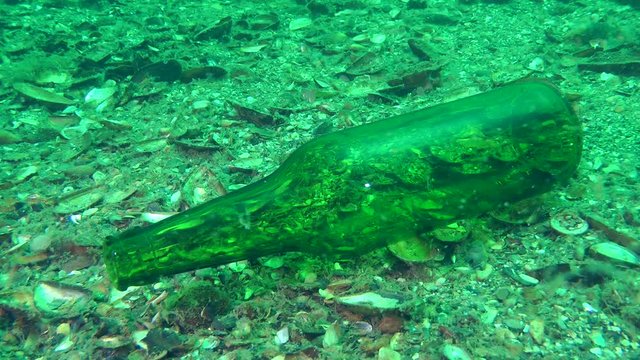 Glass bottle on the seabed, contamination.
