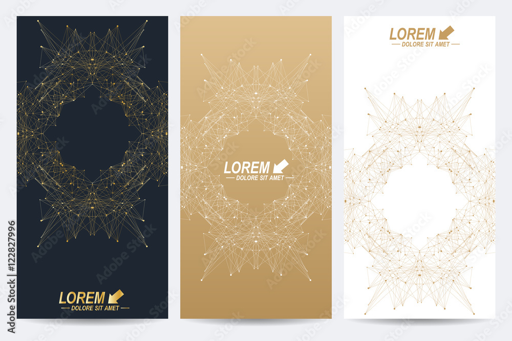 Poster Modern set of vector flyers. Geometric abstract presentation with golden mandala. Molecule and communication background for medicine, science, technology, chemistry.