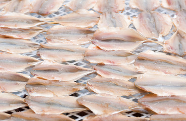 the soft focus of Dried fish on the net grid in the sunny day