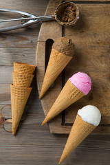 various ice cream with preparation, top down view