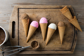 various ice cream with preparation, top down view