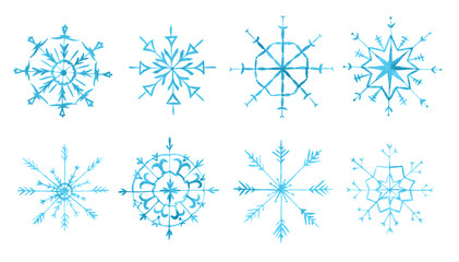 Watercolor snowflackes set on white background. Symbol of winter. Beautiful decoration.