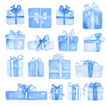 Watercolor presents set. Blue boxes with bows and ribbons for holidays as Christmas, New Year and Birthday.