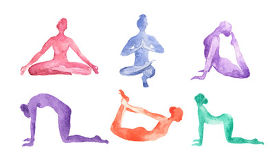 Watercolor yoga set on white background. Yoga poses, asana. Healthy lifestyle and relaxation. - obrazy, fototapety, plakaty