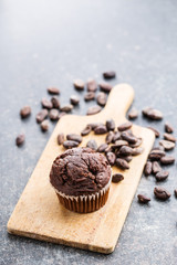 The tasty chocolate muffin and cocoa beans.