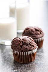 The tasty chocolate muffins and milk.
