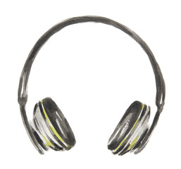 Isolated watercolor headphones on white background. Studio audio stereo. New technology. Wireless sound.