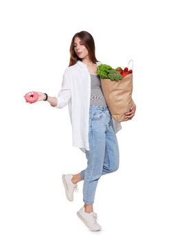 Happy Woman With Healthy Food Throw Away Unhealthy Donut