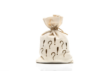 Canvas bag with question and exclamation marks isolated on white - obrazy, fototapety, plakaty