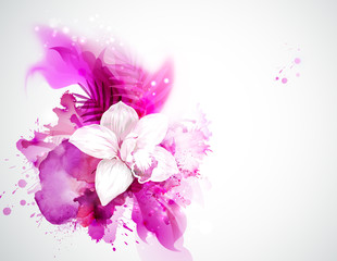 light blooming orchid and palm leaves on the pink abstract background - 122829350