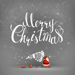 Merry Christmas hand drawn inscription and Santa Claus with stylized fir tree and gifts on the gray background. - 122829358