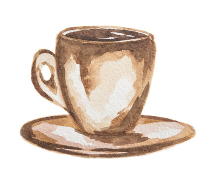 Isolated watercolor coffee cup. Vintage retro coffee cup on white background.