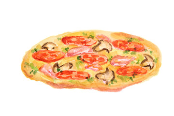Isolated watercolor pizza on white background. Tasty italian snack or street food. Italian cuisine.
