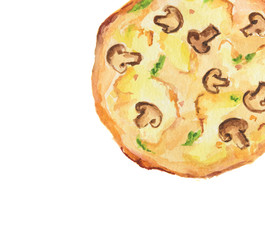 Isolated watercolor pizza on white background. Tasty italian snack or street food. Italian cuisine.