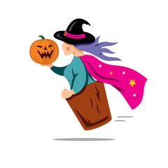 Vector Halloween Witch with pumpkin Cartoon Illustration.