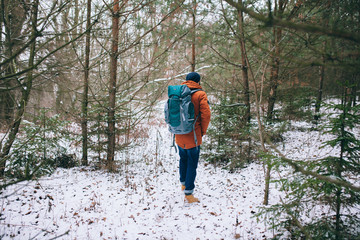 hiker walking on snow in the winter forest