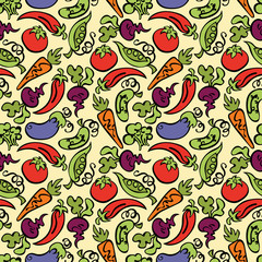 Vegetables: tomatoes, eggplant, peas, cucumber, carrots, beets, broccoli and hot pepper. Seamless vector pattern (background).