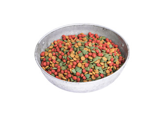 Fototapeta na wymiar Dry dog food in aluminium bowl isolated on white background