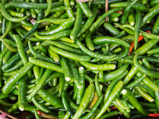 Green chillies for sale at market,Thailand