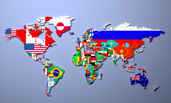 The world map with all states and their flags 3d illustration