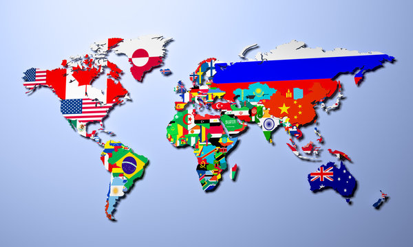 The world map with all states and their flags 3d render
