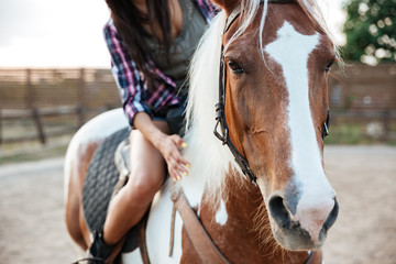 Woman cowgirl riding beautiful horse in village
