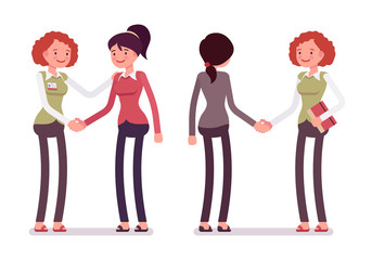 Set of female characters in a casual wear handshaking in pairs. Cartoon vector flat-style illustration