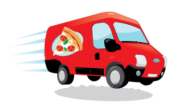 a vector cartoon representing a funny pizza delivery van