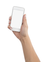 Isolated female hand holding a phone with blank screen. 