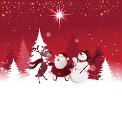 Christmas background with Santa Claus, reindeer and snowman