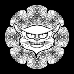 Black cat head on circular bat wings ornament