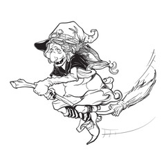 Witch flying on a broom sketch isolated white background
