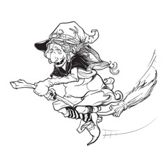 Fototapeta premium Witch flying on a broom sketch isolated white background