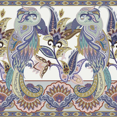 Seamless paisley vector pattern with stylized birds, wrapping paper