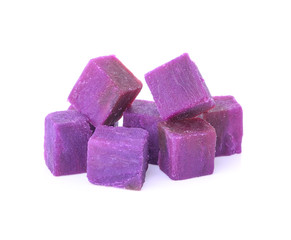 cube purple sweet potatoes isolated on white