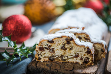 Traditional Christmas stollen cake sliced