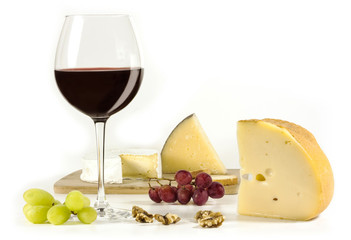 Red wine paired with cheese, on white background