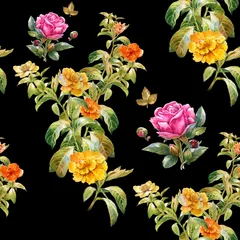 Fototapeten Watercolor painting of leaf and flowers, seamless pattern on dark background © photoiget