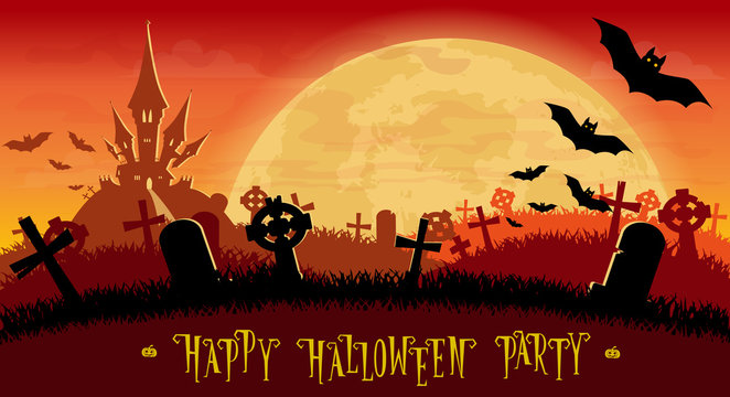 Halloween background. Monsters bats on old cemetery backdrop on scary castle, moon and graves. Concept for banner, poster, flyer, cards or invites on party. Cartoon style. Vector illustration
