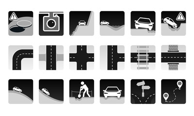 Vector set of road icon. Different dangers and troubles on the way and other road items: pit, bad asphalt, rut, stones, open hatch, construction, avalanche. And several types of crossroads.
