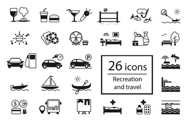 Vector set of recreation icons. Different types of holiday activities and entertainment and of tourist infrastructure: food, games, shopping, hiking, dancing, attractions, hotel, diving, driving.