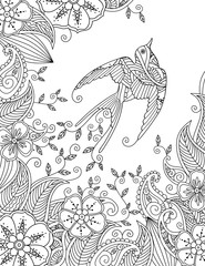 Coloring page with beautiful flying bird and floral background.